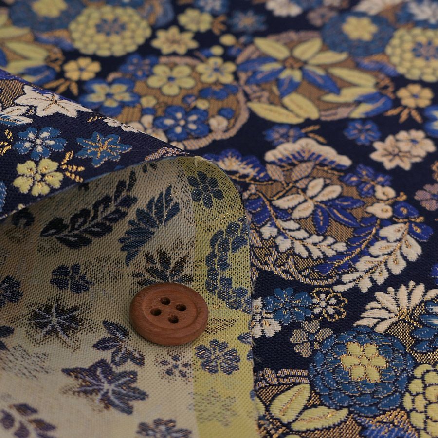 金襴生地(金らん) 四季の花丸重ね(紺) 10cm単位 切り売り |生地 和柄