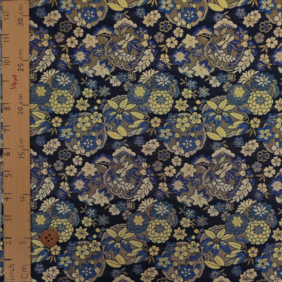 金襴生地(金らん) 四季の花丸重ね(紺) 10cm単位 切り売り |生地 和柄