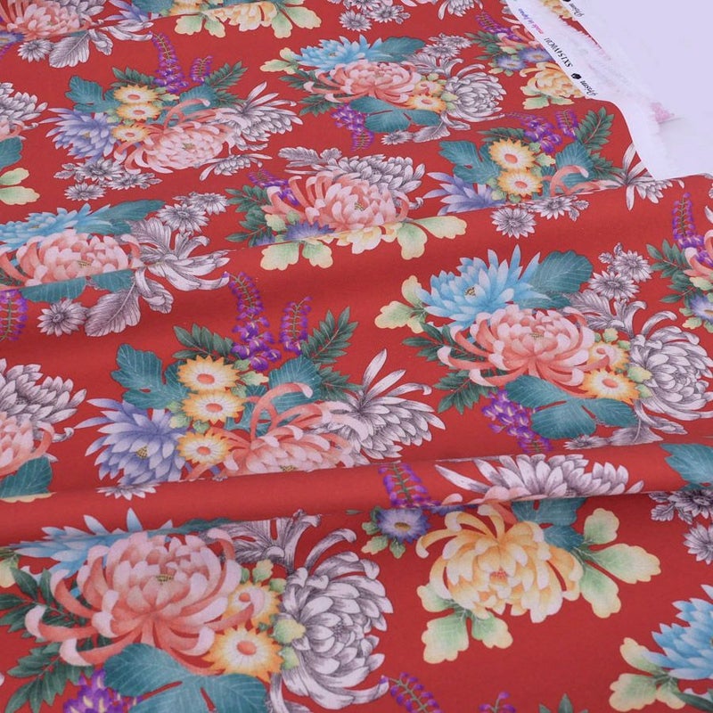 和柄コットン生地 大輪菊の花寄せ(赤) 10cm単位 切り売り