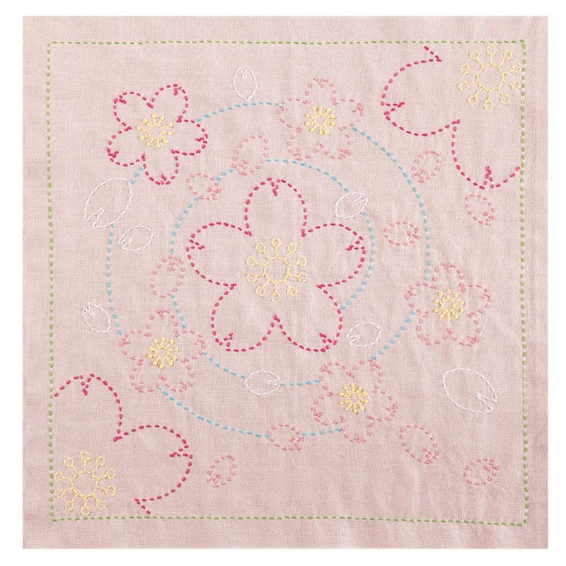 刺し子キット 花ふきん 水辺の桜(渋ピンク) オリムパス製絲刺子布巾 桜柄 図案プリント済みで簡単スタート?