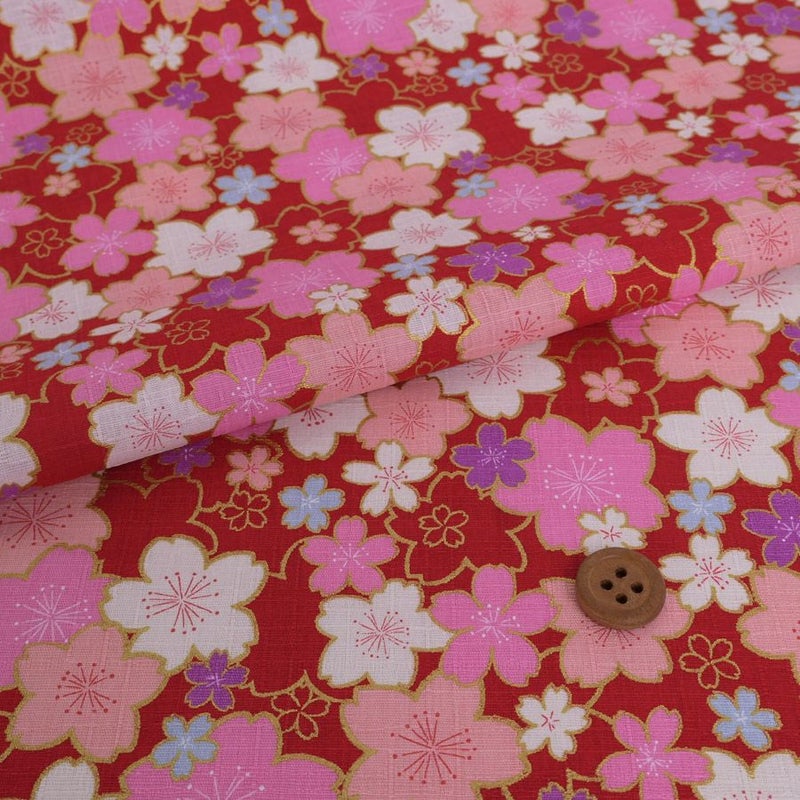 和柄コットン生地 金の縁取り桜もよう(赤) 10cm単位 切り売り コットンドビー 浴衣甚平生地 HOKKOH 桜模様 さくら柄 レッド