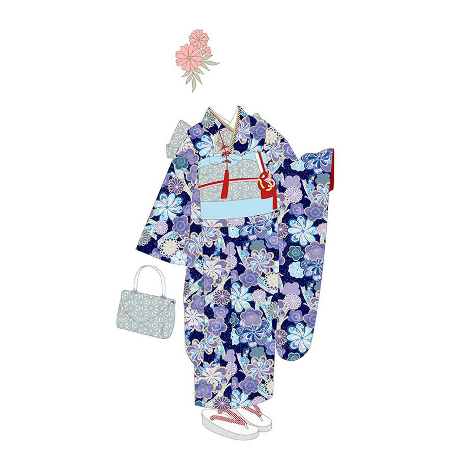 着物用洗える生地 束ねのしに和花(紺色) 1反売り(約12m) |生地 和柄