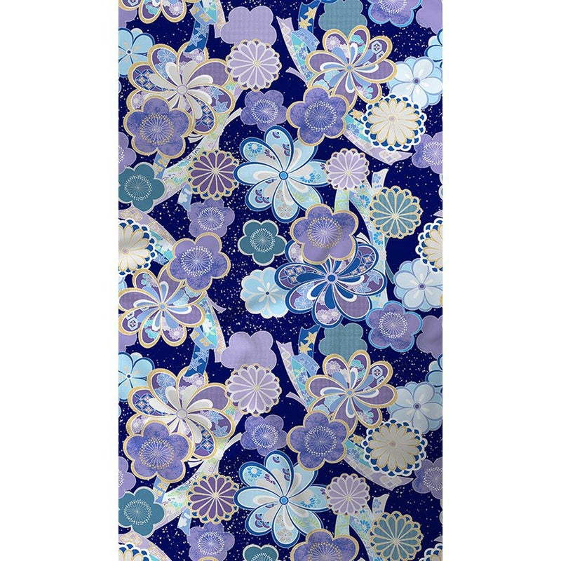 着物用洗える生地 束ねのしに和花(紺色) 1反売り(約12m) 七五三の祝い着や和装小物に華やか上品なポリエステル和柄反物