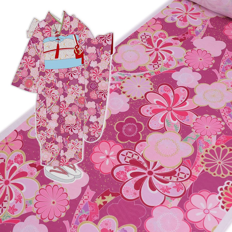 着物用洗える生地 束ねのしに和花(ピンク) 1反売り(約12m) 七五三の祝い着や和装小物に華やか上品なポリエステル和柄反物