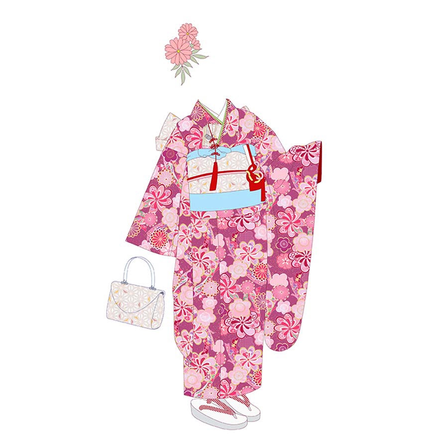 着物用洗える生地 束ねのしに和花(ピンク) 1反売り(約12m) 七五三の祝い着や和装小物に華やか上品なポリエステル和柄反物