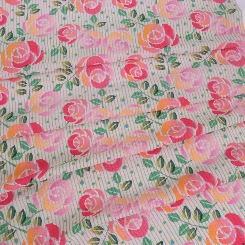 ポリちりめん生地 縞にばら(ピンク/緑) 10cm単位 切り売り ポリエステルちりめん ポリ縮緬 洋風 薔薇 バラ 縦縞ストライプ