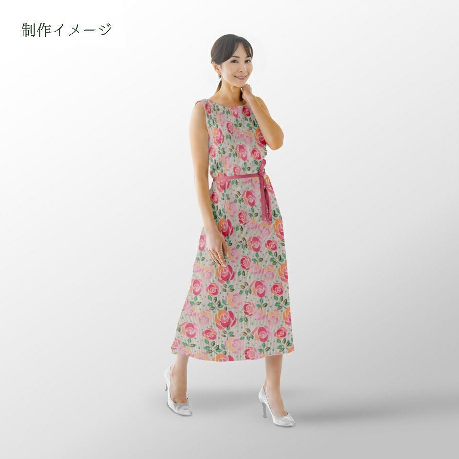 ポリちりめん生地 縞にばら(ピンク/緑) 10cm単位 切り売り ポリエステルちりめん ポリ縮緬 洋風 薔薇 バラ 縦縞ストライプ