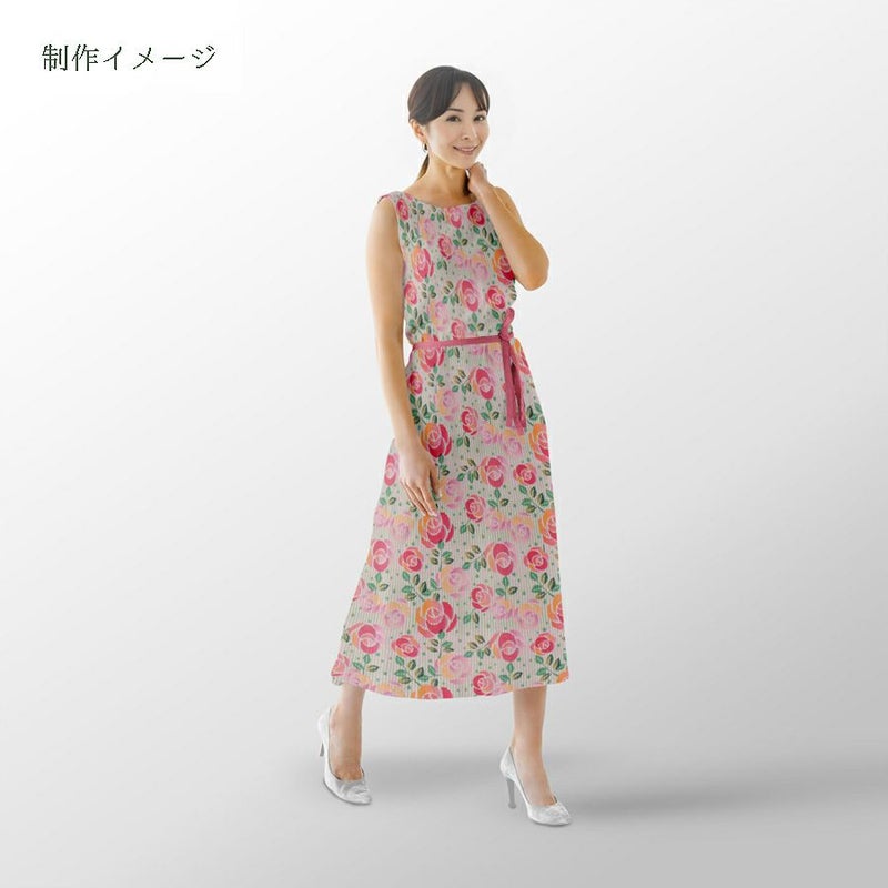 ポリちりめん生地 縞にばら(ピンク/緑) 10cm単位 切り売り ポリエステルちりめん ポリ縮緬 洋風 薔薇 バラ 縦縞ストライプ