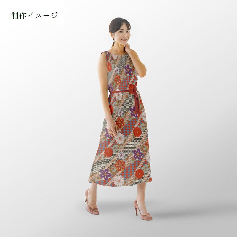 ポリちりめん生地 斜め市松に花(浅緑) 10cm単位 切り売り 衣装向き洗えるちりめん よさこい 水洗い可能 昭和レトロ和柄