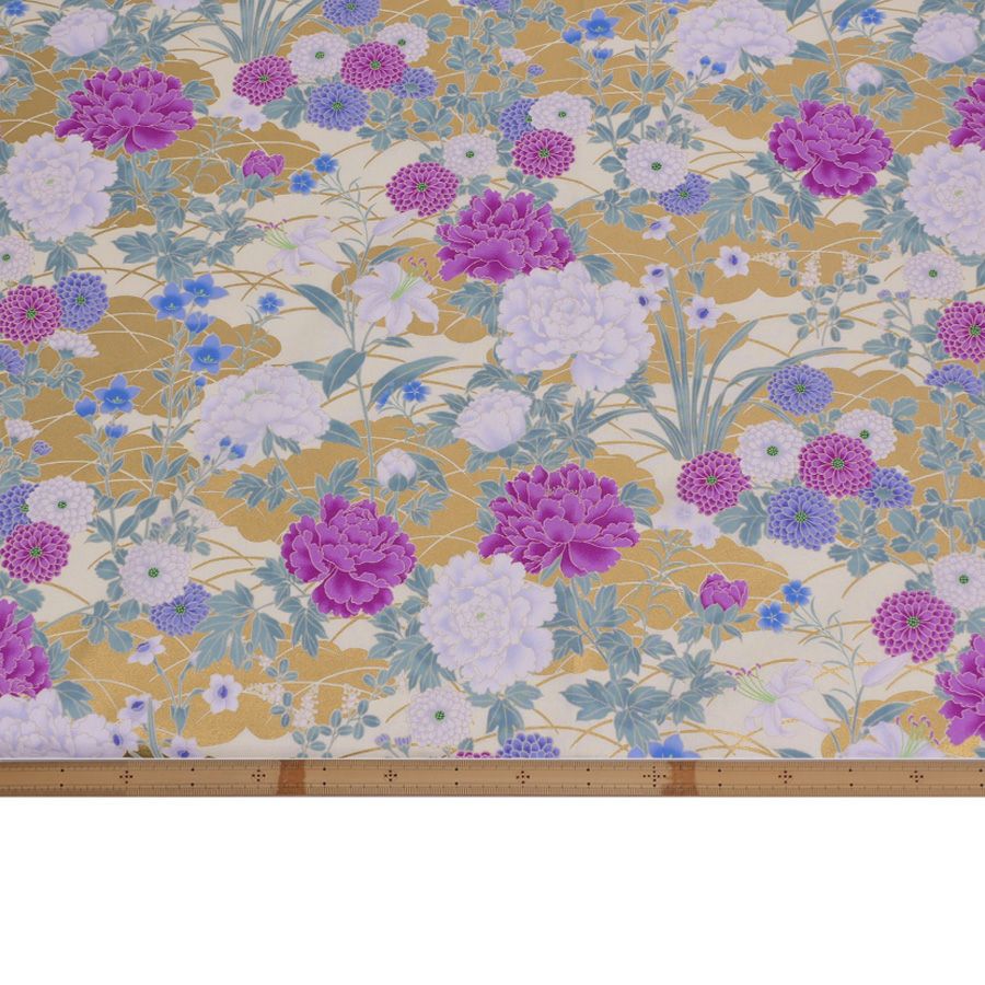 泉州 国産プリント 綿毛布 2P 紫の花柄 和柄コットン生地 琳派風の四季花(紫) 10cm単位 切り売り |生地 和柄