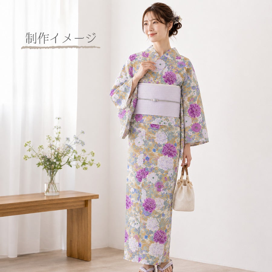 和柄コットン生地 琳派風の四季花(紫)