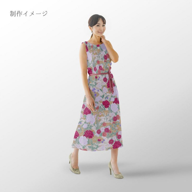 和柄コットン生地 琳派風の四季花(紅色) 10cm単位 切り売り 和風花柄生地 四季富花 和風内装クロスやパーティションに