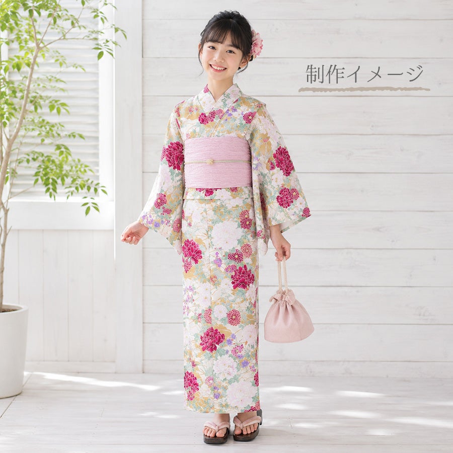 和柄コットン生地 琳派風の四季花(紅色) 女の子浴衣
