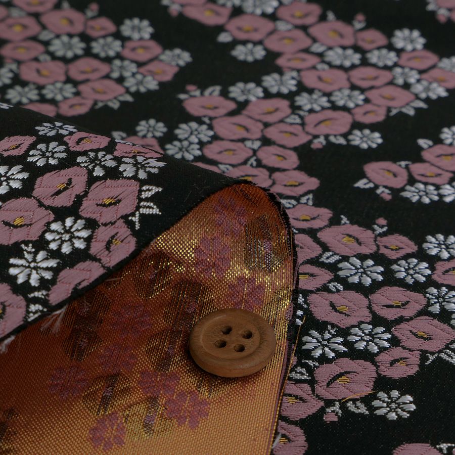 金襴生地(金らん) 椿波(黒/ピンク) 10cm単位 切り売り |生地 和柄/和布