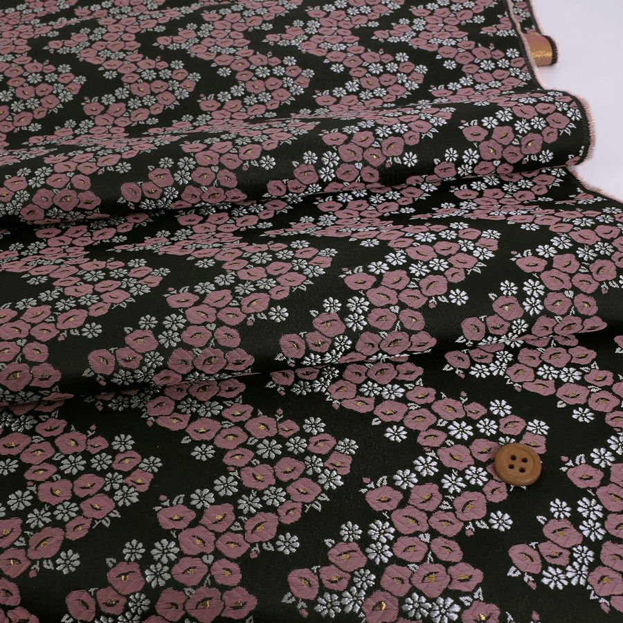金襴生地(金らん) 椿波(黒/ピンク) 10cm単位 切り売り |生地 和柄/和布