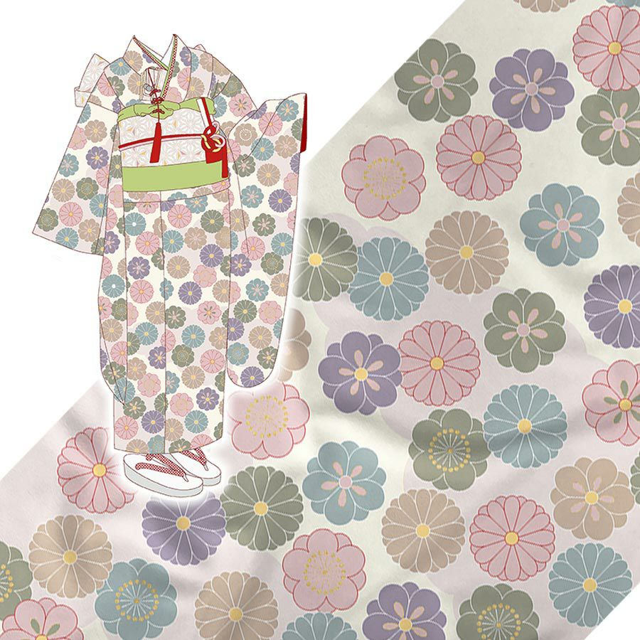 着物用洗える生地 菊梅並べ(くすみカラー) 1反売り(約12m) |生地 和柄