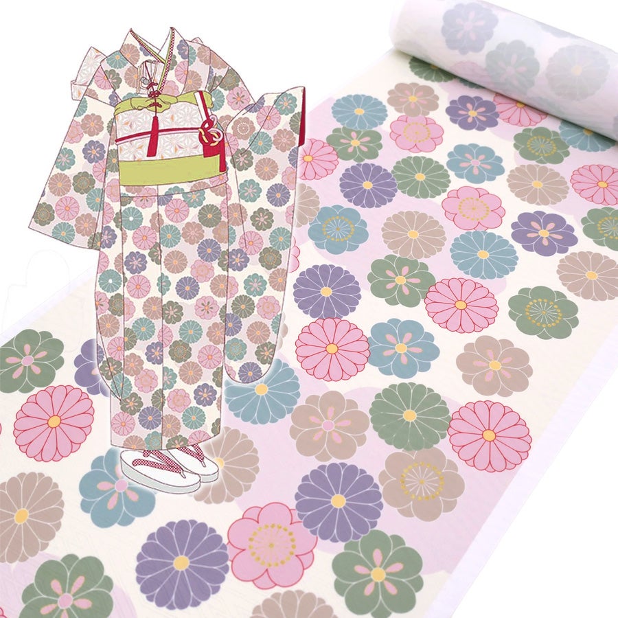 着物用洗える生地 菊梅並べ(くすみカラー) 1反売り(約12m) 七五三晴れ着生地 子ども着物反物 女の子可愛い和柄布地 花柄