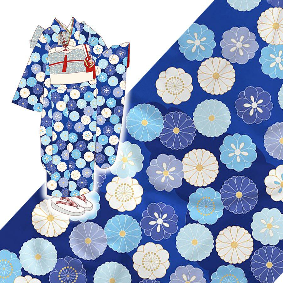 着物用洗える生地 菊梅並べ(青系) 1反売り(約12m) |生地 和柄 着物用洗える生地 菊梅並べ(青系) 1反売り(約12m) |生地 和柄