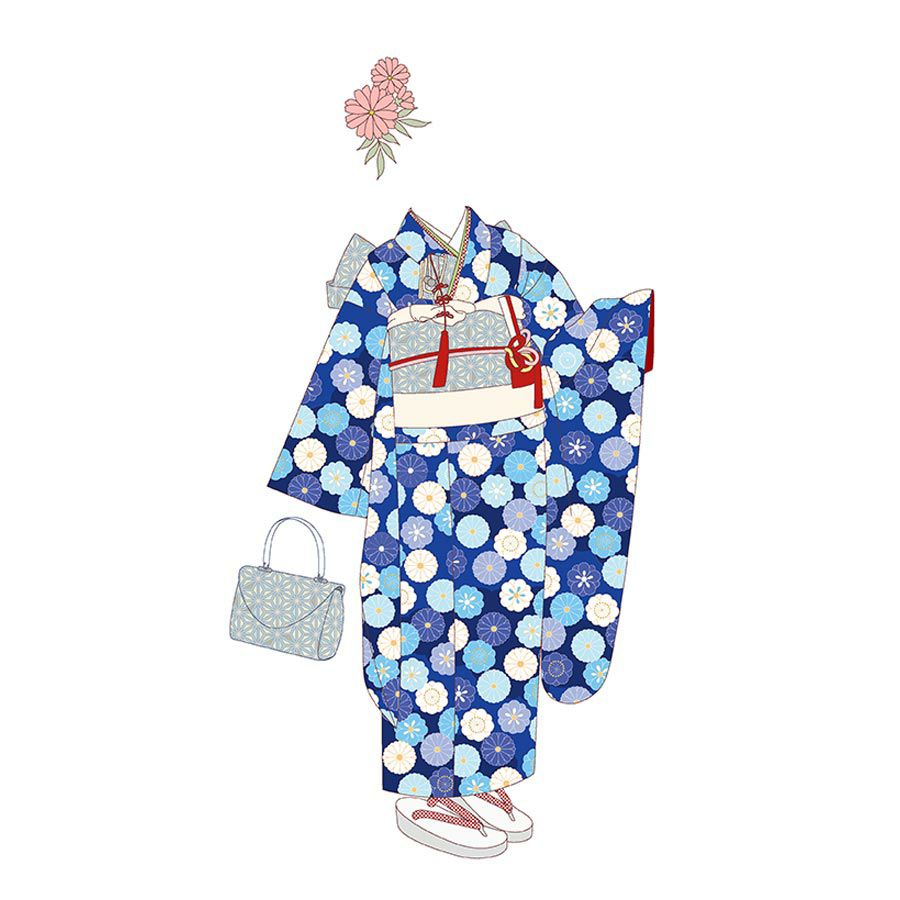 着物用洗える生地 菊梅並べ(青系) 1反売り(約12m) |生地 和柄/和布
