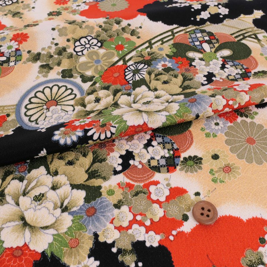 古布再現ちりめん生地 水辺の花景色(黒) 10cm単位 切り売り |生地 和柄