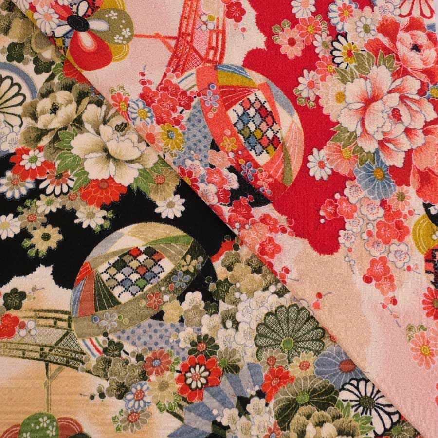 古布再現ちりめん生地 水辺の花景色(黒) 10cm単位 切り売り |生地 和柄