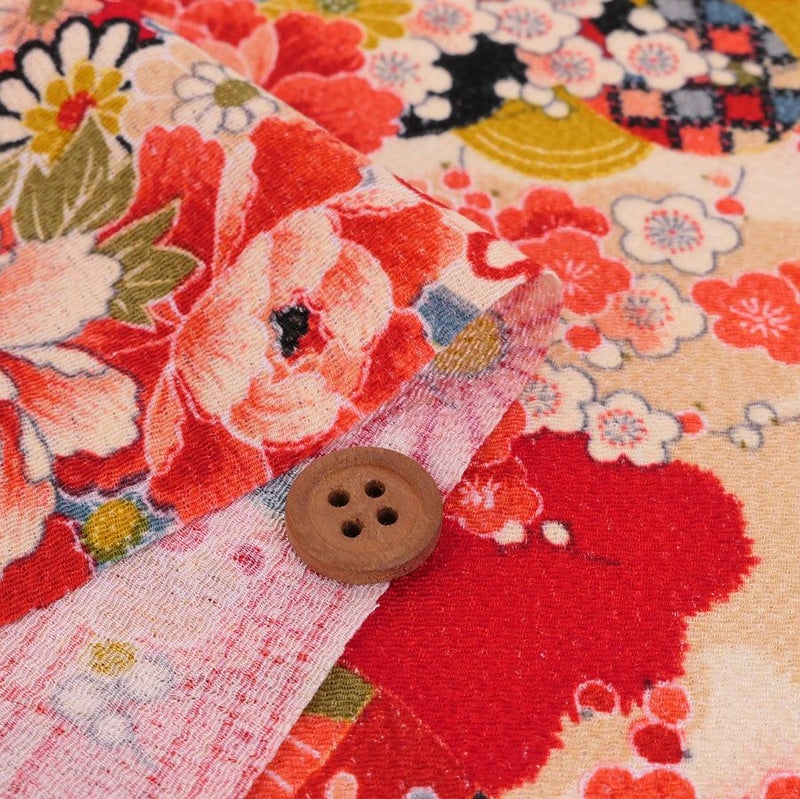 古布再現ちりめん生地 水辺の花景色(赤) 10cm単位 切り売り ビンテージ感ただよう手染めレーヨン縮緬/チリメン 七五三着物柄