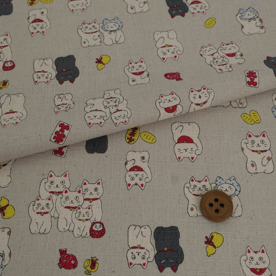 和柄コットン生地 招き猫ファミリー(グレージュ) 10cm単位 切り売り
