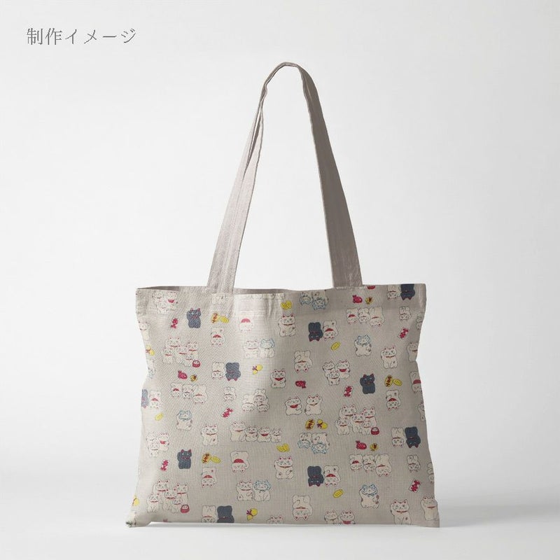 和柄コットン生地 招き猫ファミリー(グレージュ) 10cm単位 切り売り 和風柄ツムギクロス 和調木綿プリント KOKKAコッカまねき猫柄