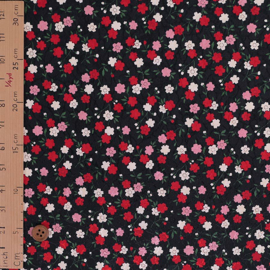 ポリジャガードちりめん生地 可憐な小桜(黒)10cm単位 切り売り |生地