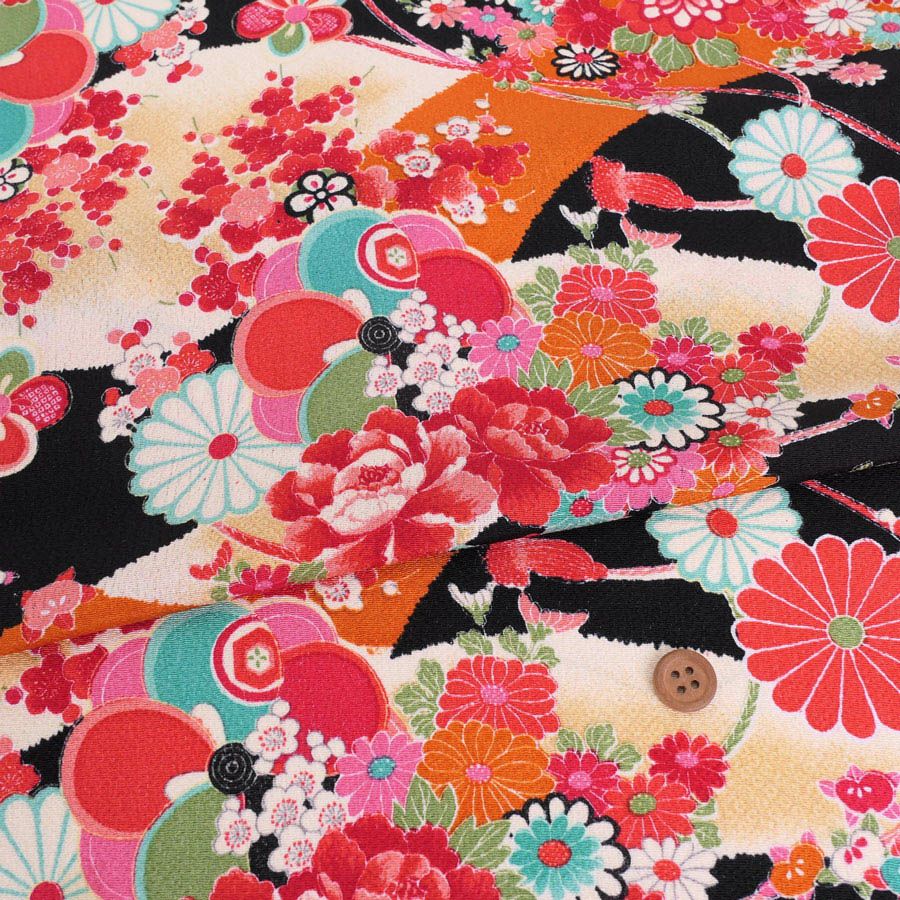 古布再現ちりめん生地 華絵巻 (黒) 10cm単位 切り売り |生地 和柄/和布