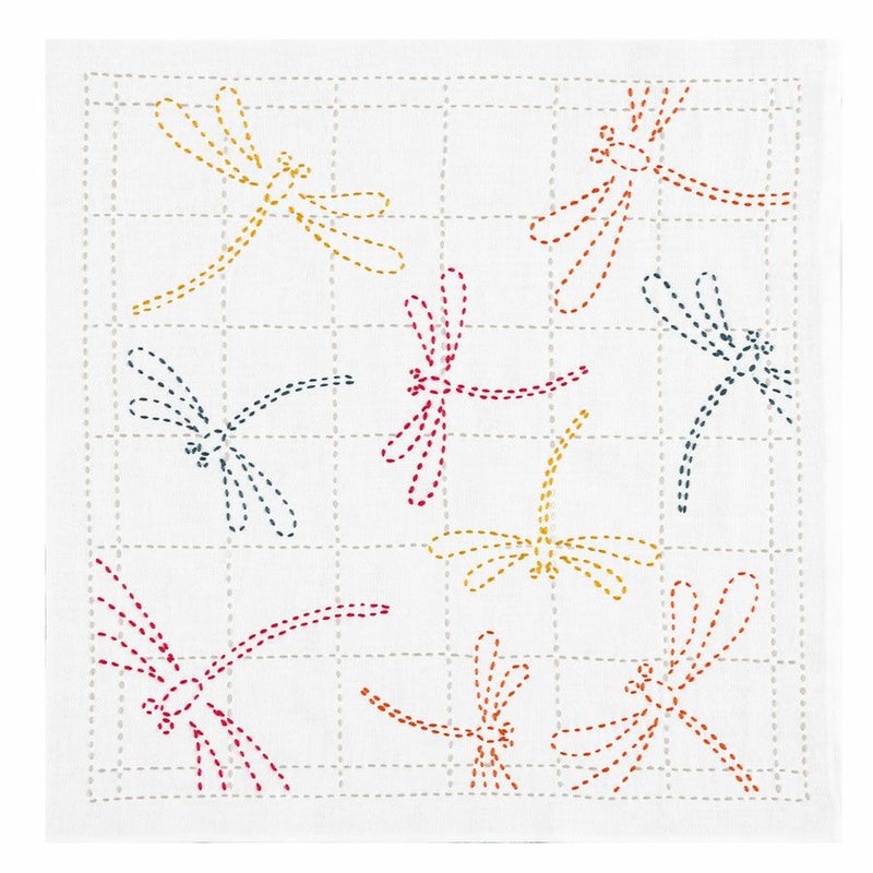 刺し子キット 花ふきん 茜とんぼ(白) さしこ布巾キット 初心者向き トンボ柄 秋の簡単手芸 オリムパス