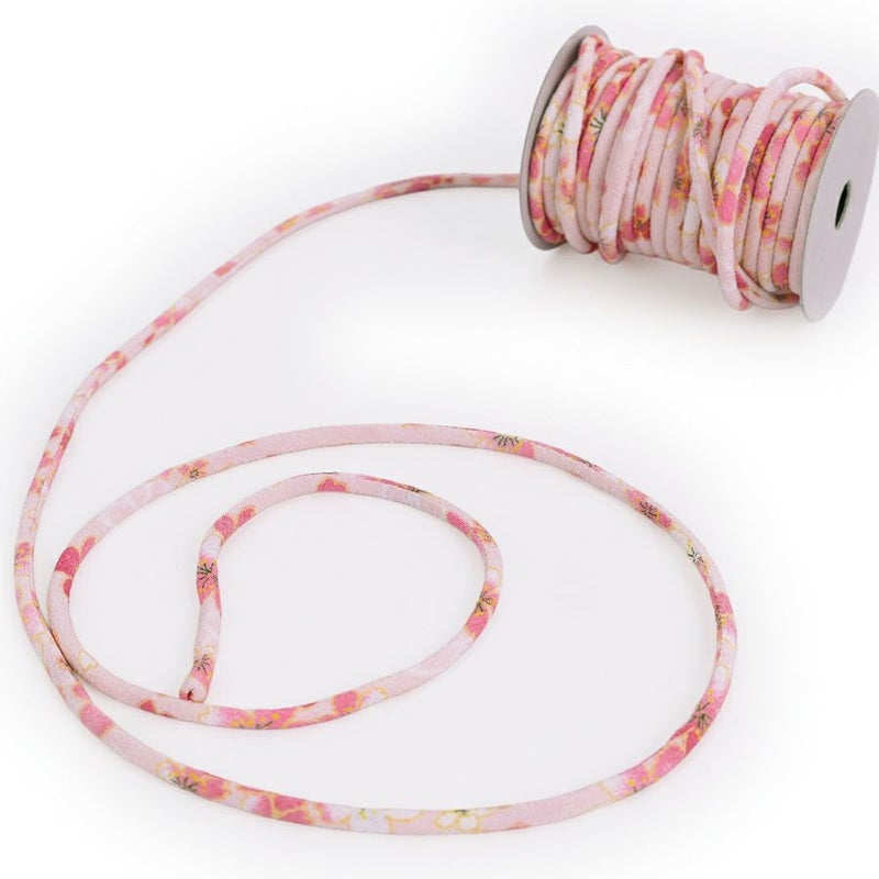 ちりめん丸ひも・柄・3ミリ(実寸約3-4ミリ) おぼろ桜・ピンク 10cm単位 切り売り 縮緬丸紐 和のひも 和風コード花柄 薄いピンク色 クラフト材料