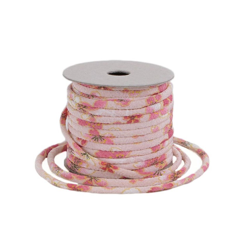 ちりめん丸ひも・柄・2ミリ(実寸約3ミリ) おぼろ桜・ピンク 10cm単位 切り売り 和風紐細め クラフト用 布製ひも 和柄コード桜柄 アイボリー