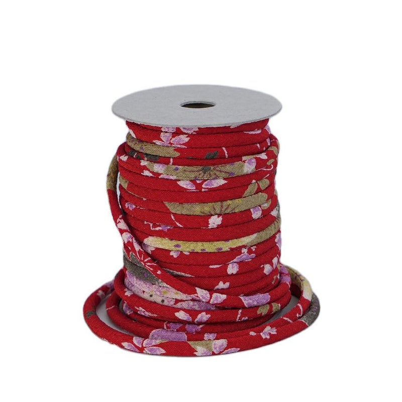 ちりめん丸ひも・柄・3ミリ(実寸約3-4ミリ) 桜祭・赤 10cm単位 切り売り 縮緬丸紐 和のひも 和風コード花柄 赤系色華やか クラフト材料