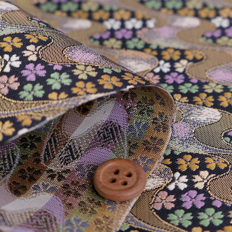 金襴生地(金らん) 花しぐれ流水文様(黒) 10cm単位 切り売り 西陣織きんらん化繊 和風生地伝統柄 和調花柄 雑貨衣装向き 黒金