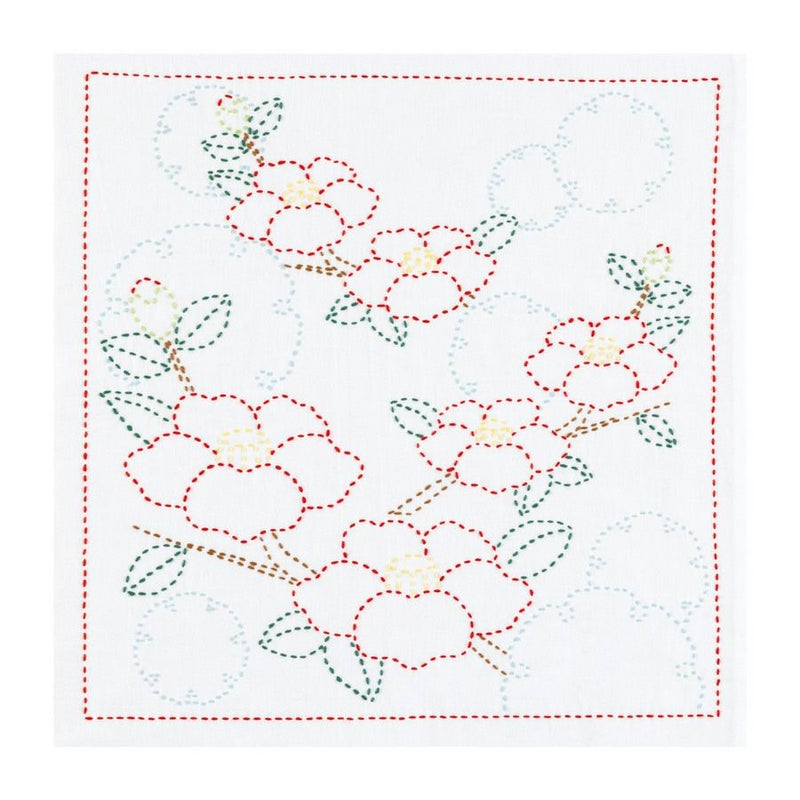 刺し子キット 花ふきん 雪輪の椿 刺子さしこ布巾キット冬向き ツバキの花柄 初心者向き簡単手芸