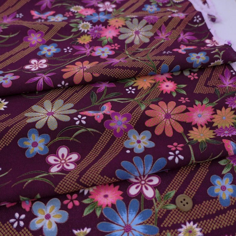 一越ちりめん生地 稲妻かのこに花と蝶(深紫) 10cm単位 切り売り 古布再現柄縮緬チリメン ひとこしちりめん かわいい古典柄古布