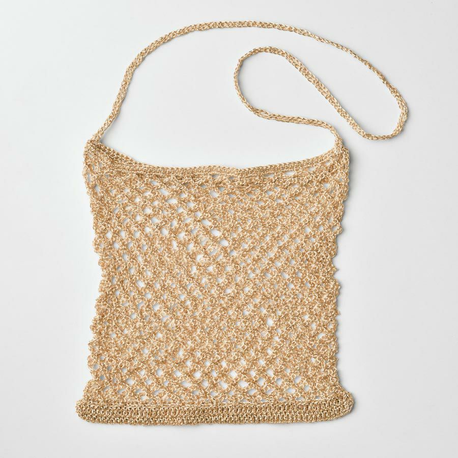 一点もの ハンドメイド ゴールド編みバッグ 木製ハンドル パール装飾付き キット・メタリックコードで編むメッシュバッグ(ゴールド×ピンク