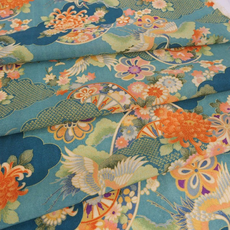 一越ちりめん生地 疋田雲に鶴と菊(青碧) 10cm単位 切り売り ひとこしちりめん 薄手縮緬 古典柄 伝統柄 鶴柄 吉祥文様 青緑色