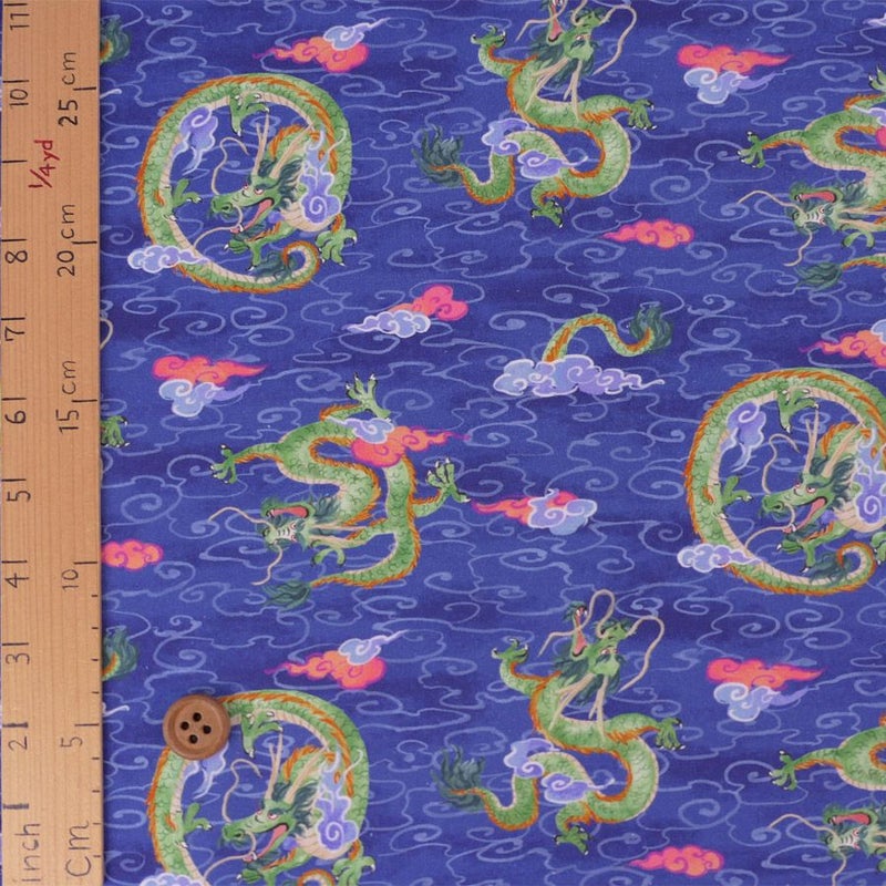 和柄コットン生地 雲海の龍(青) 10cm単位 切り売り