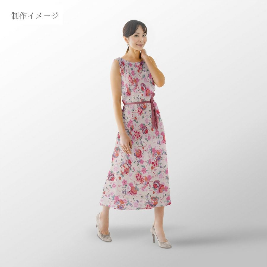 ポリちりめん生地 雅手まり花尽くし(アイボリー/桃) 10cm単位 切り売り