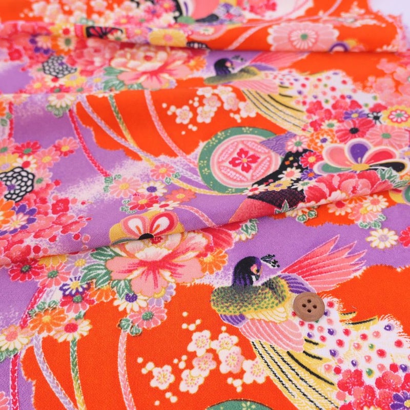 一越ちりめん生地 花孔雀(オレンジ) 10cm単位 切り売り