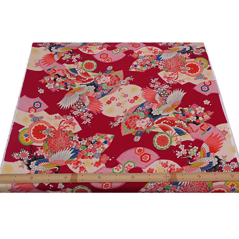 一越ちりめん生地 鶴に扇(深紅) 10cm単位 切り売り