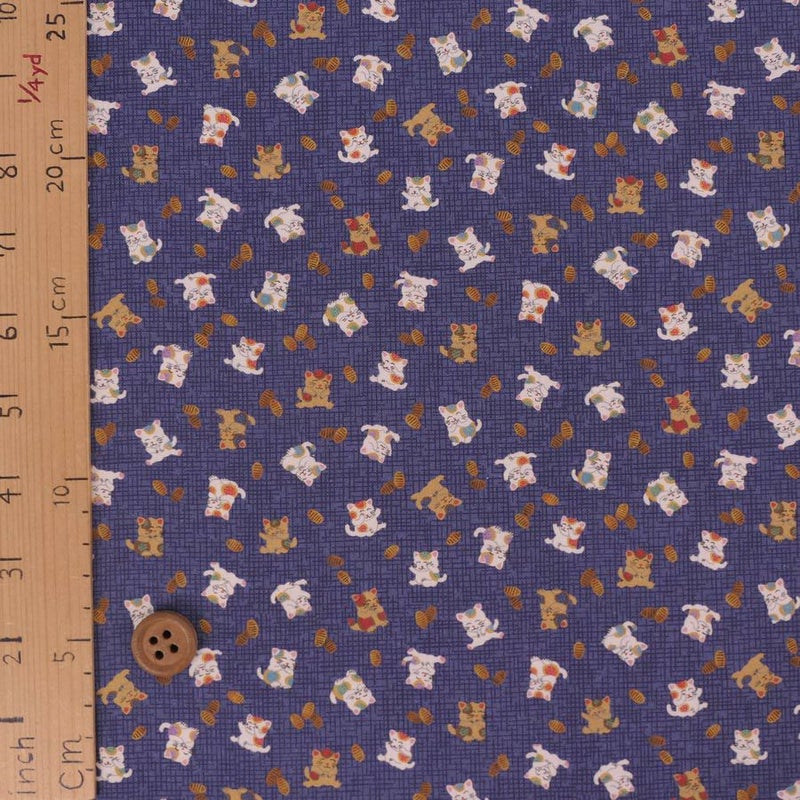 和柄コットン生地 招き猫に小判(青) 10cm単位 切り売り