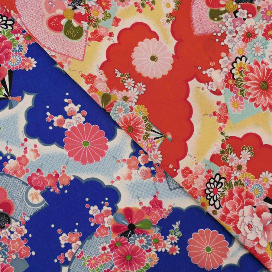 一越ちりめん生地 扇に菊と牡丹(柿色) 10cm単位 切り売り |生地 和柄