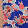 一越ちりめん生地 扇に菊と牡丹(青) 10cm単位 切り売り