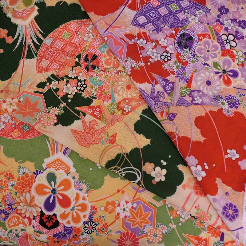 一越ちりめん生地 折鶴古典文様(ふかみどり/たまご色) 10cm単位 切り売り