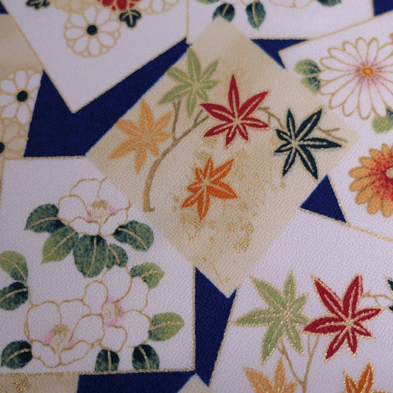 金箔一越ちりめん 色紙に花と紅葉(青) 10cm単位 切り売り