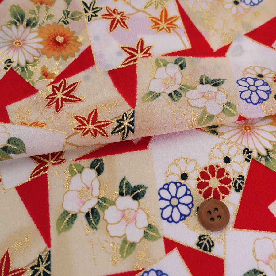 金箔一越ちりめん 色紙に花と紅葉(赤) 10cm単位 切り売り