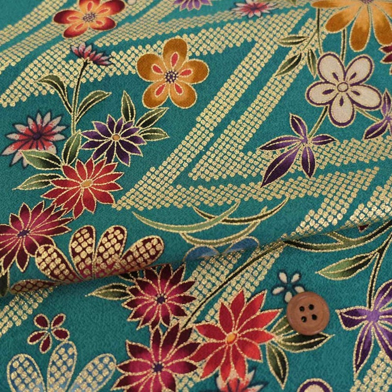金箔一越ちりめん 金の稲妻かのこに花と蝶(青緑)